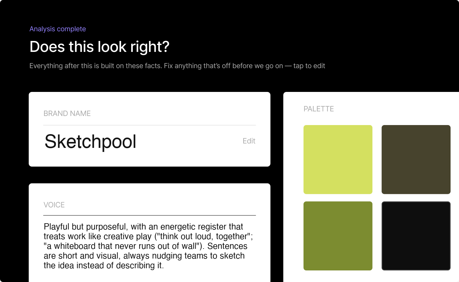 Harvest brand analysis card — voice, brand name and palette