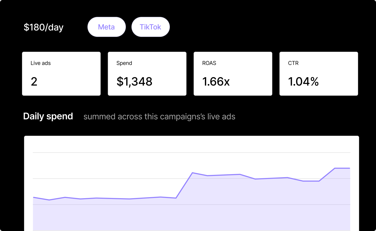 Live campaign dashboard with a daily-spend chart and metrics
