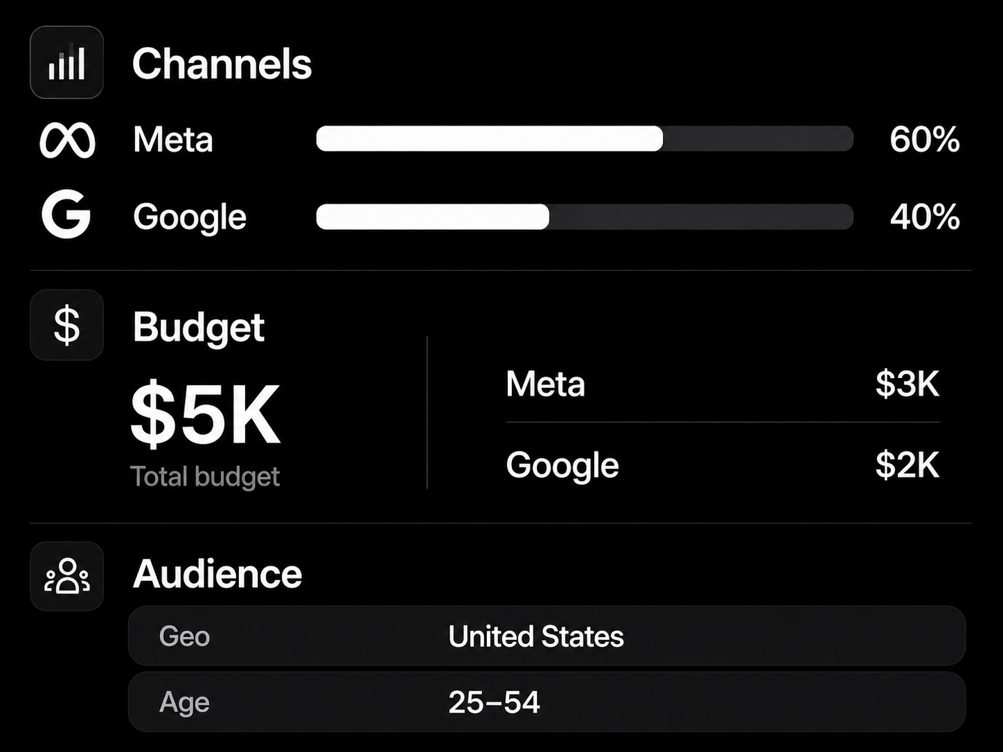 Strategize diagram showing goals flowing into channels, budget, and audience.